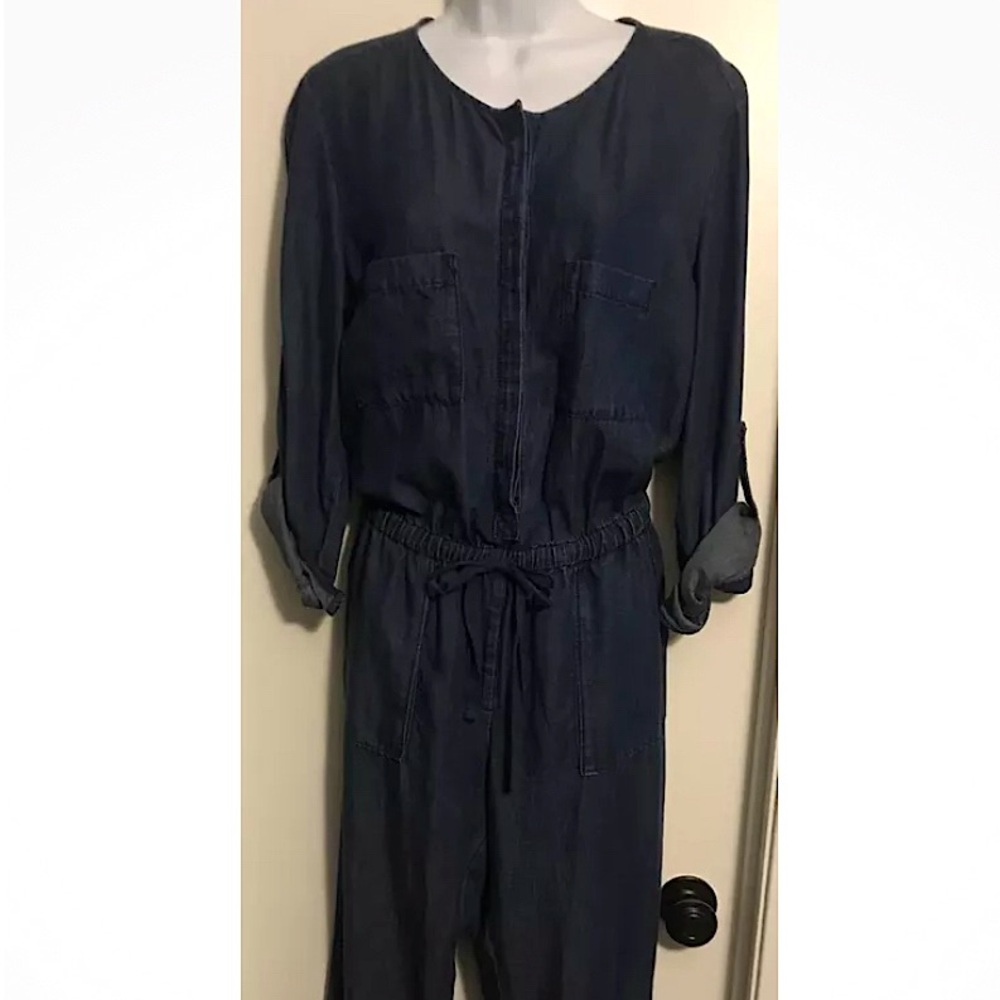 Ann Taylor LOFT Lyocell Linen Denim Drawstring Waist Jumpsuit Medium Pockets EUC